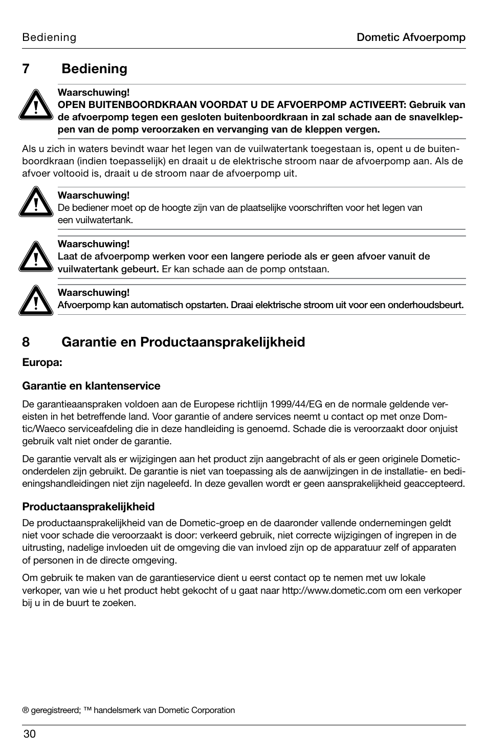 8garantie en productaansprakelijkheid, 7 bediening | SeaLand DTW Discharge Pump User Manual | Page 30 / 56
