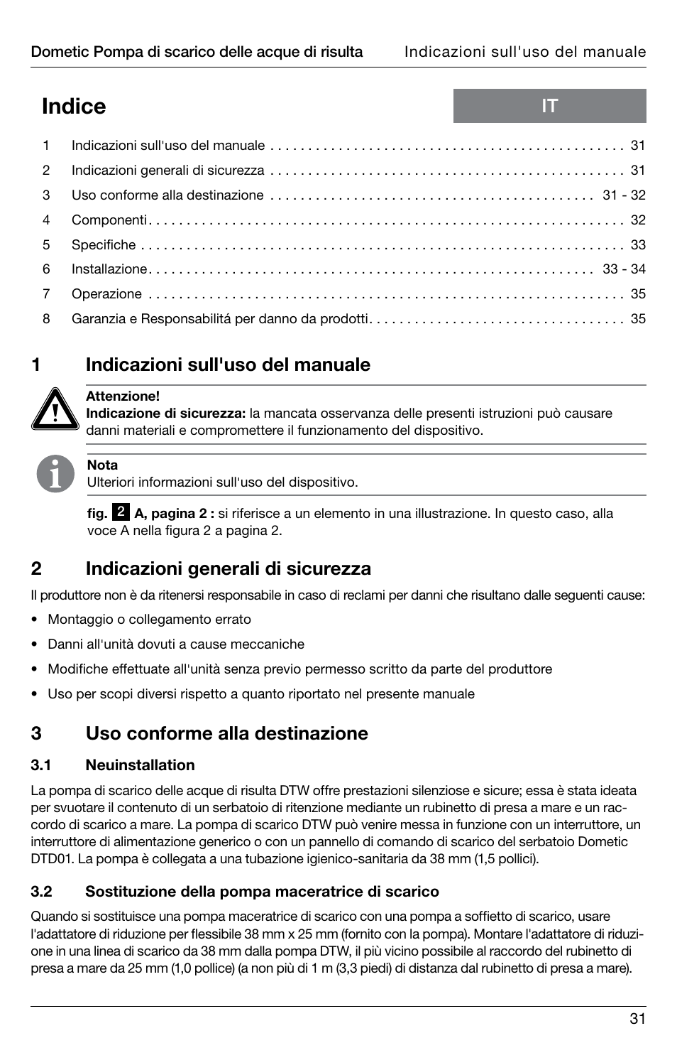 Indice, 1indicazioni sull'uso del manuale, 2indicazioni generali di sicurezza | 3uso conforme alla destinazione | SeaLand DTW Discharge Pump User Manual | Page 31 / 56