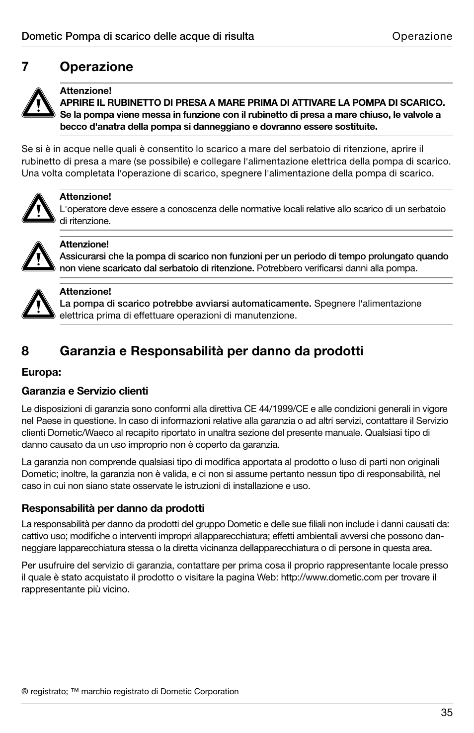7 operazione, 8garanzia e responsabilità per danno da prodotti | SeaLand DTW Discharge Pump User Manual | Page 35 / 56