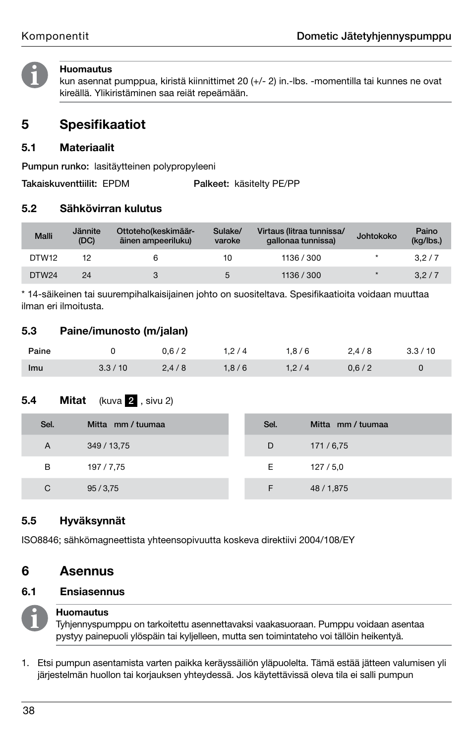 5 spesifikaatiot, 6 asennus, 4 mitat | 5 hyväksynnät, 1 ensiasennus, Dometic jätetyhjennyspumppu komponentit | SeaLand DTW Discharge Pump User Manual | Page 38 / 56