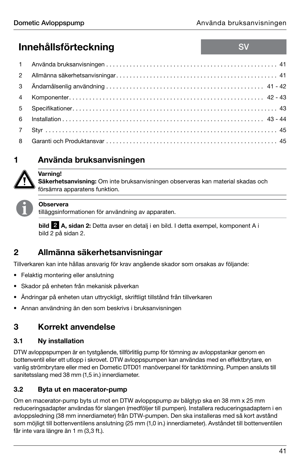 Innehållsförteckning, 1använda bruksanvisningen, 2allmänna säkerhetsanvisningar | 3korrekt anvendelse | SeaLand DTW Discharge Pump User Manual | Page 41 / 56
