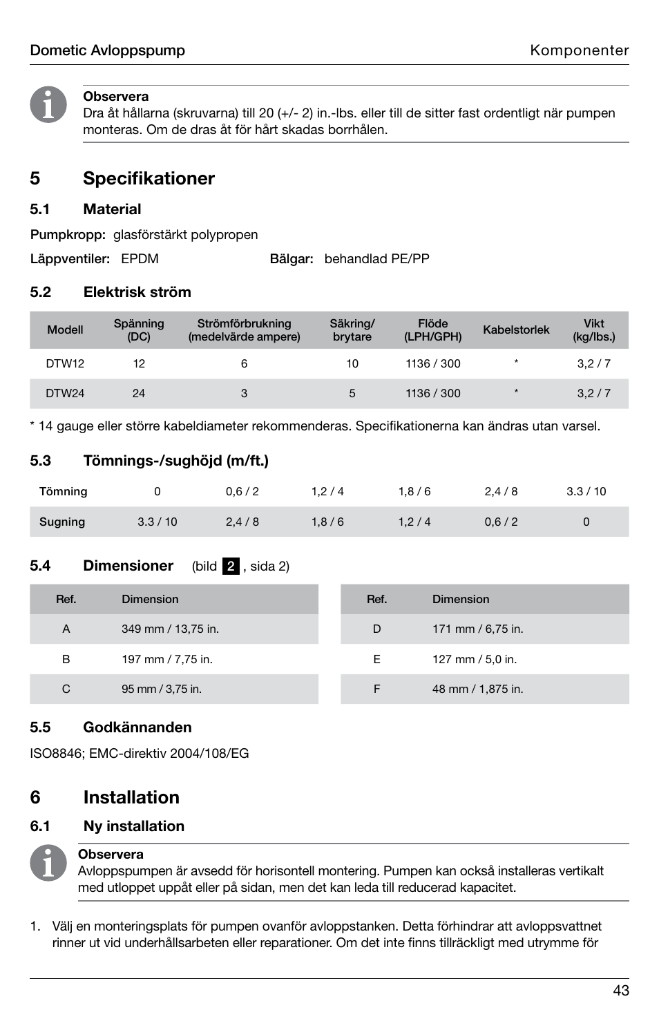 5 specifikationer, 6 installation, 43 dometic avloppspump komponenter | 4 dimensioner, 5 godkännanden, 1 ny installation | SeaLand DTW Discharge Pump User Manual | Page 43 / 56