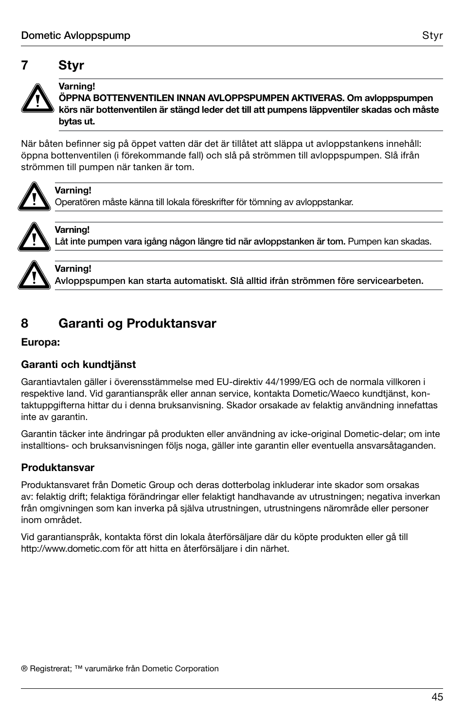 7 styr, 8garanti og produktansvar | SeaLand DTW Discharge Pump User Manual | Page 45 / 56