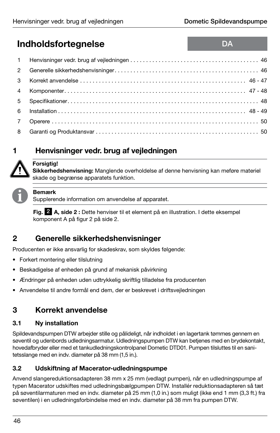 Indholdsfortegnelse, 1henvisninger vedr. brug af vejledningen, 2generelle sikkerhedshenvisninger | 3korrekt anvendelse | SeaLand DTW Discharge Pump User Manual | Page 46 / 56
