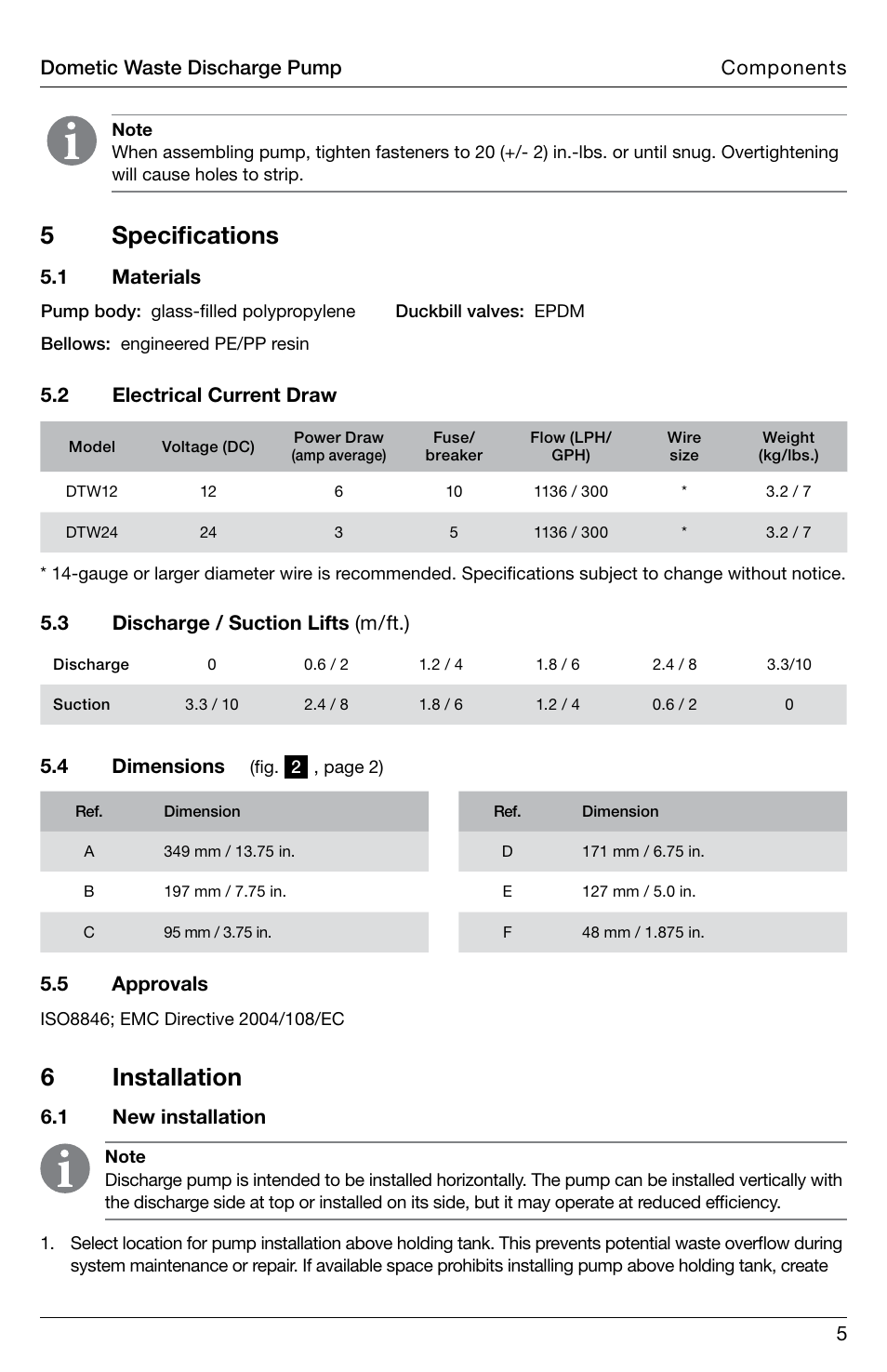 5 specifications, 6 installation, 5dometic waste discharge pump components | 4 dimensions, 5 approvals, 1 new installation | SeaLand DTW Discharge Pump User Manual | Page 5 / 56