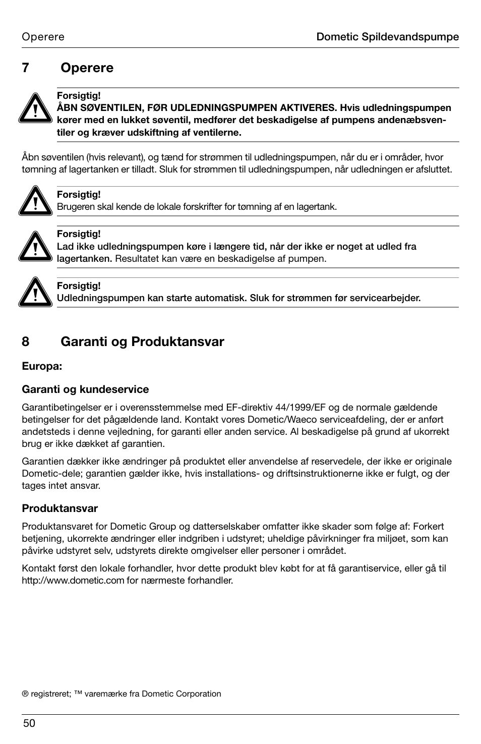 8garanti og produktansvar, 7 operere | SeaLand DTW Discharge Pump User Manual | Page 50 / 56
