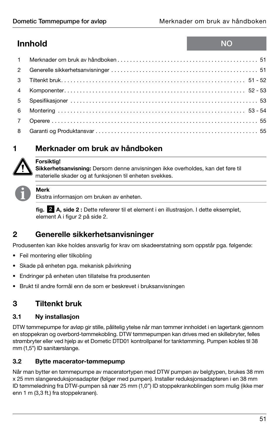 Innhold, 1merknader om bruk av håndboken, 2generelle sikkerhetsanvisninger | 3tiltenkt bruk | SeaLand DTW Discharge Pump User Manual | Page 51 / 56