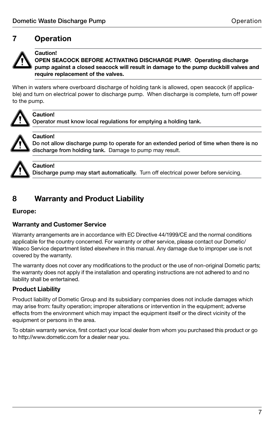 7 operation, 8warranty and product liability | SeaLand DTW Discharge Pump User Manual | Page 7 / 56