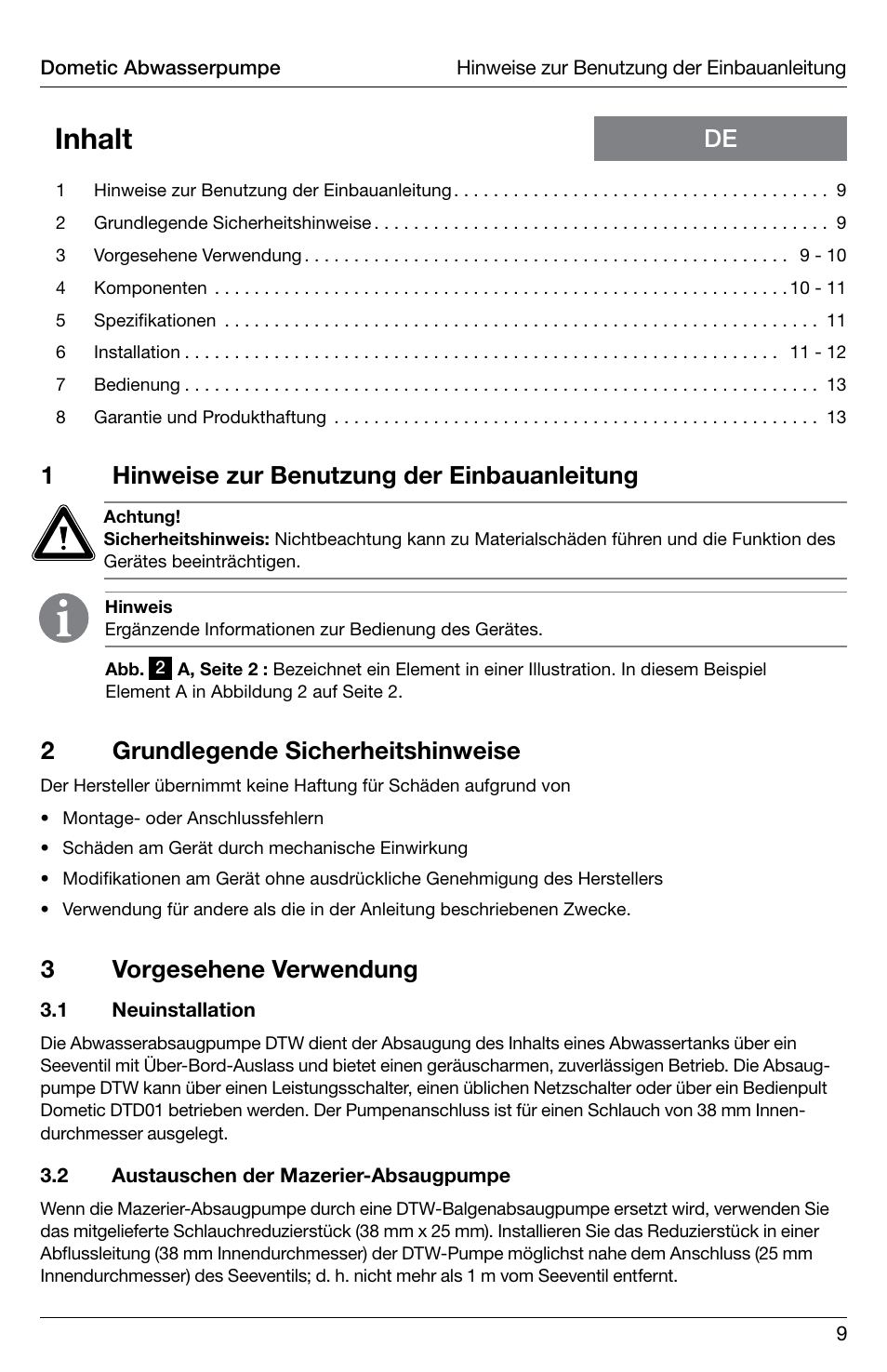 Inhalt, 1hinweise zur benutzung der einbauanleitung, 2grundlegende sicherheitshinweise | 3vorgesehene verwendung | SeaLand DTW Discharge Pump User Manual | Page 9 / 56