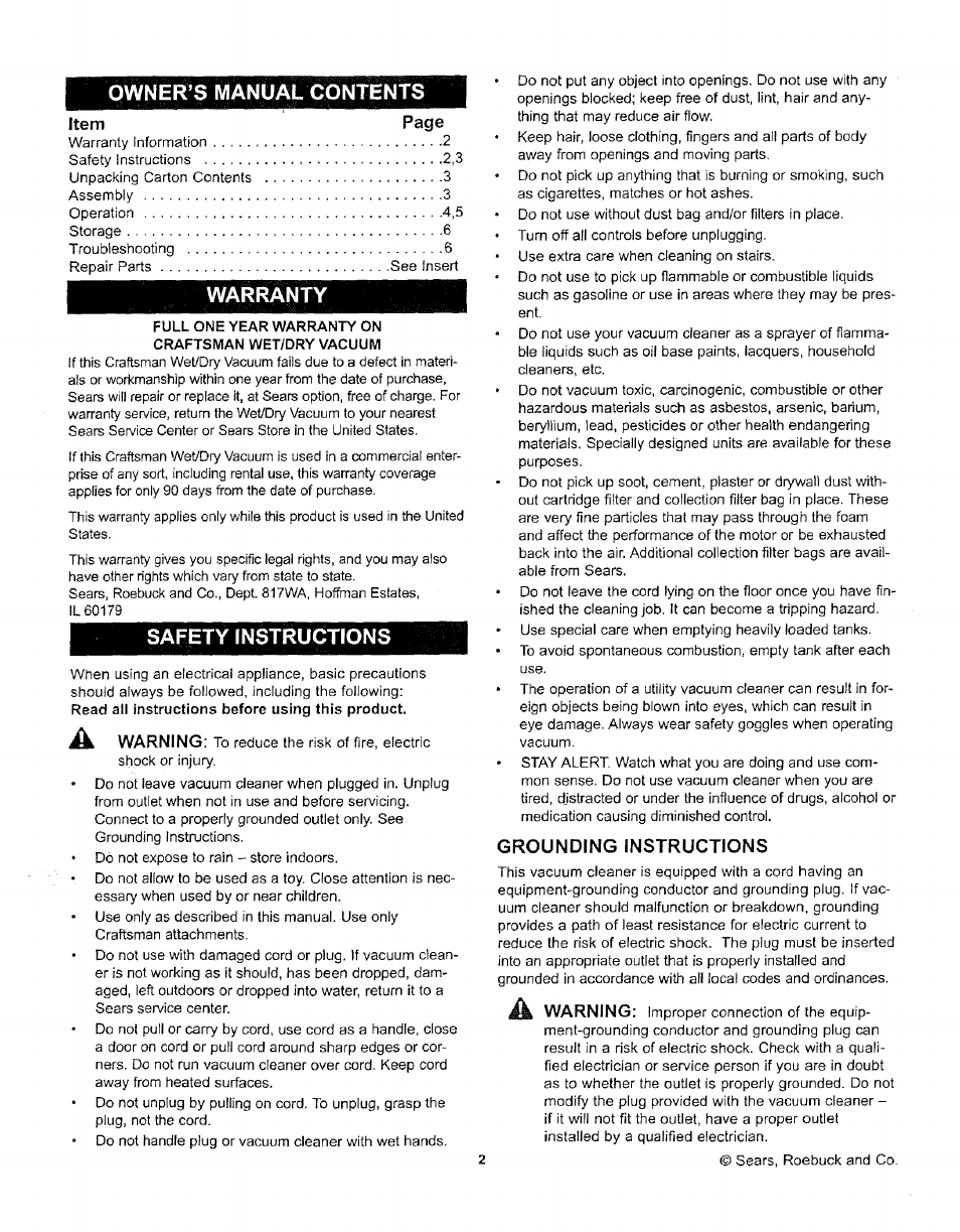 Owner’s manual contents, Warranty, Safety instructions | Item page, A warning, Grounding instructions | Craftsman 338.17923 User Manual | Page 2 / 7