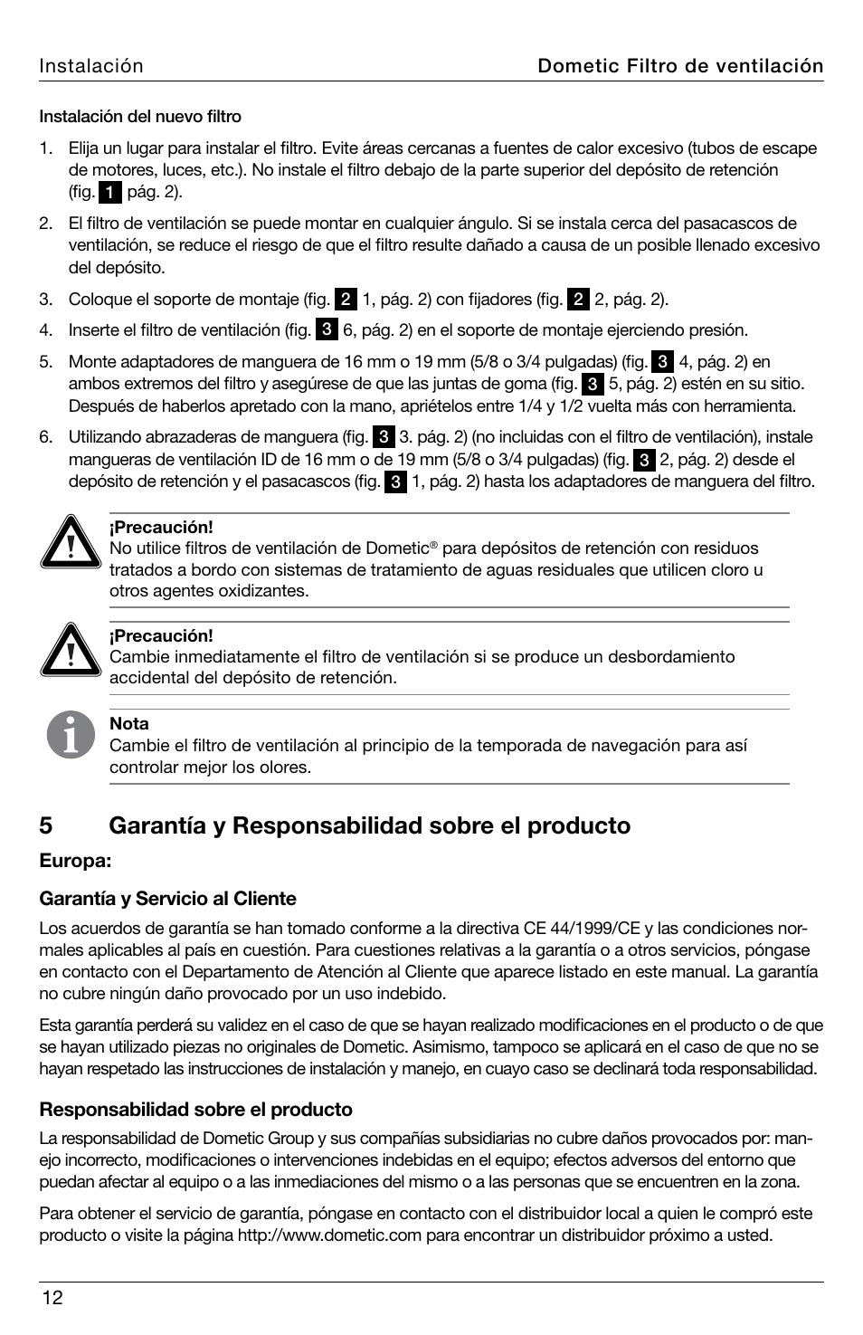 5garantía y responsabilidad sobre el producto | SeaLand DVF1619 Vent Filter User Manual | Page 12 / 28