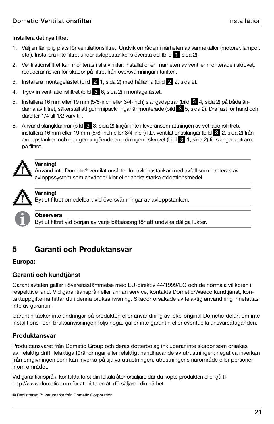 5garanti och produktansvar | SeaLand DVF1619 Vent Filter User Manual | Page 21 / 28