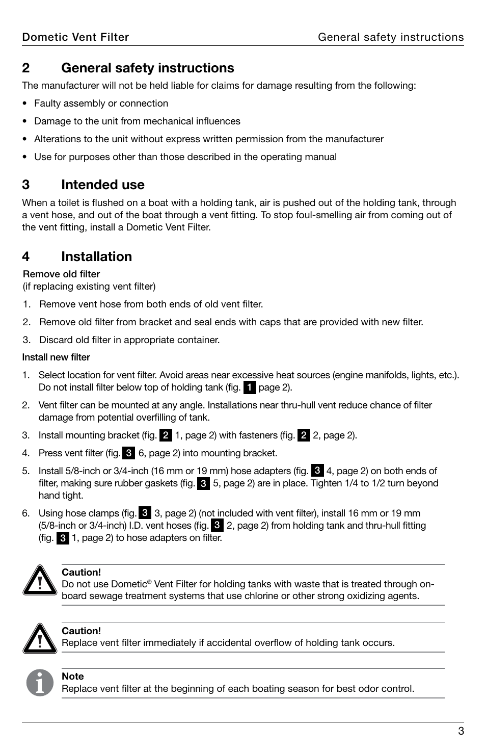 2general safety instructions, 3intended use, 4 installation | SeaLand DVF1619 Vent Filter User Manual | Page 3 / 28