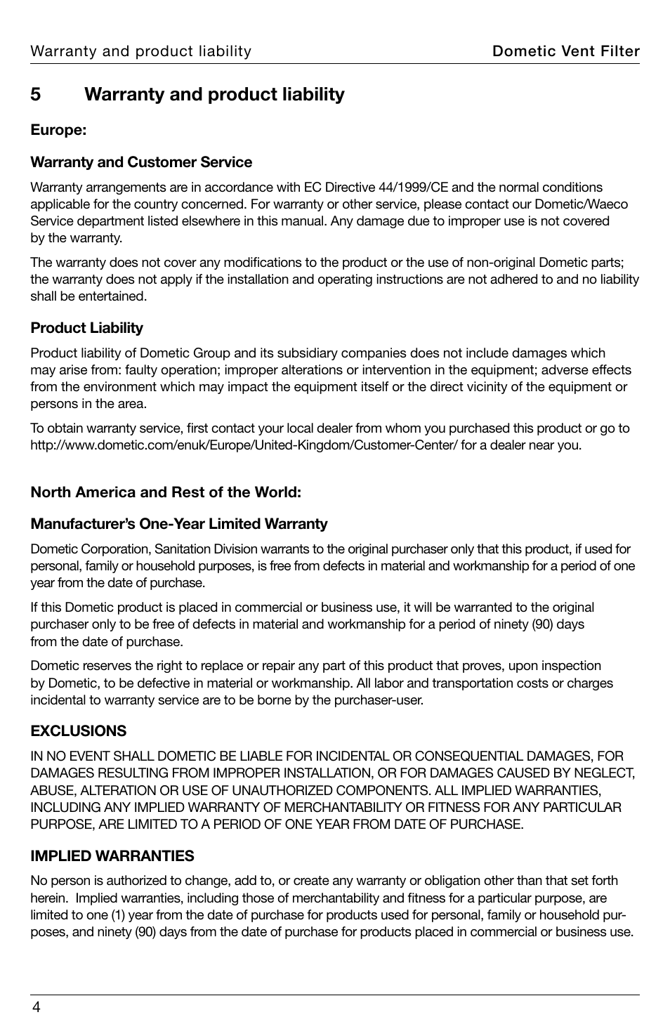 5warranty and product liability | SeaLand DVF1619 Vent Filter User Manual | Page 4 / 28