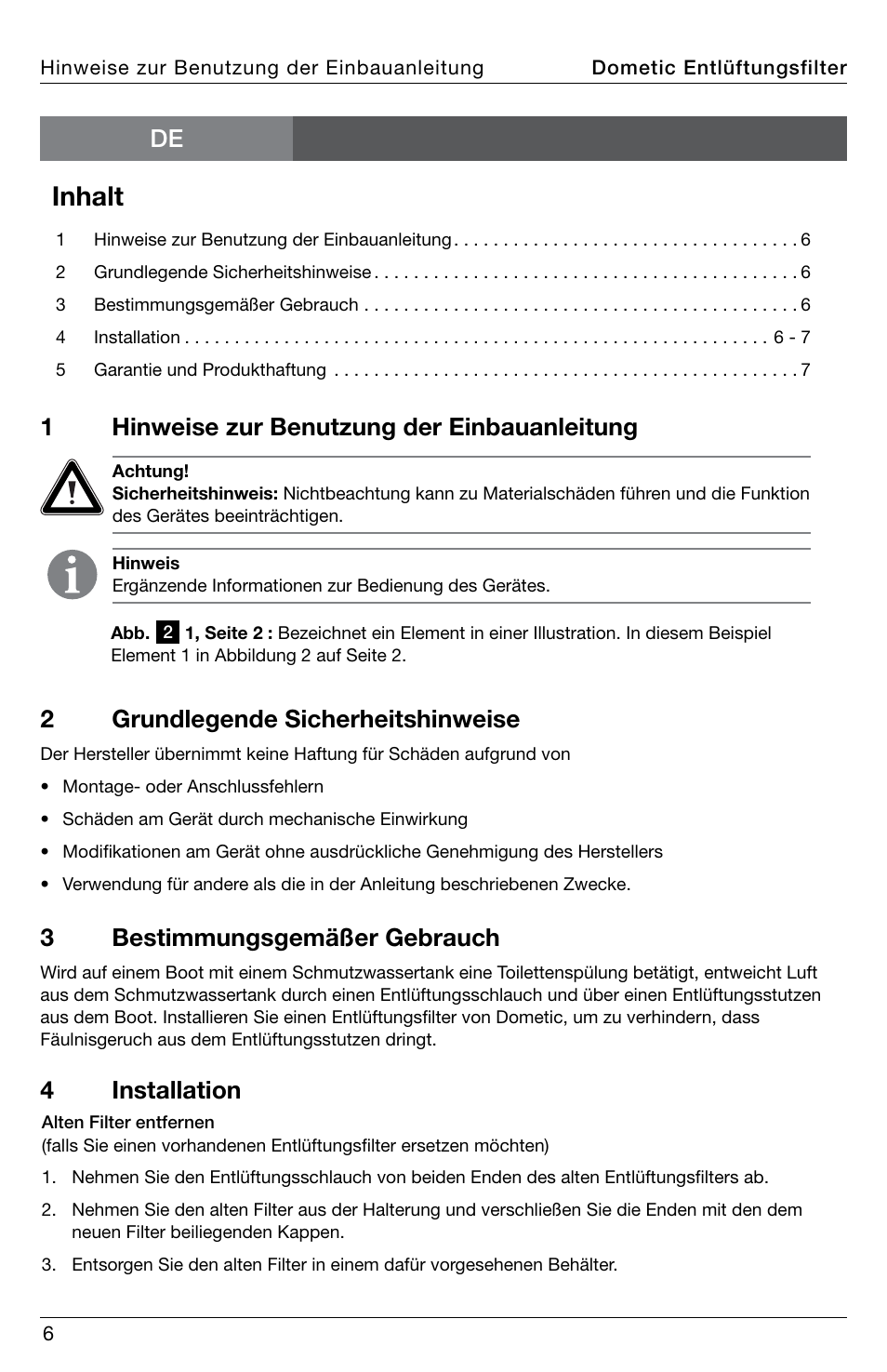 Inhalt, 1hinweise zur benutzung der einbauanleitung, De 2 grundlegende sicherheitshinweise | 3bestimmungsgemäßer gebrauch, 4 installation | SeaLand DVF1619 Vent Filter User Manual | Page 6 / 28