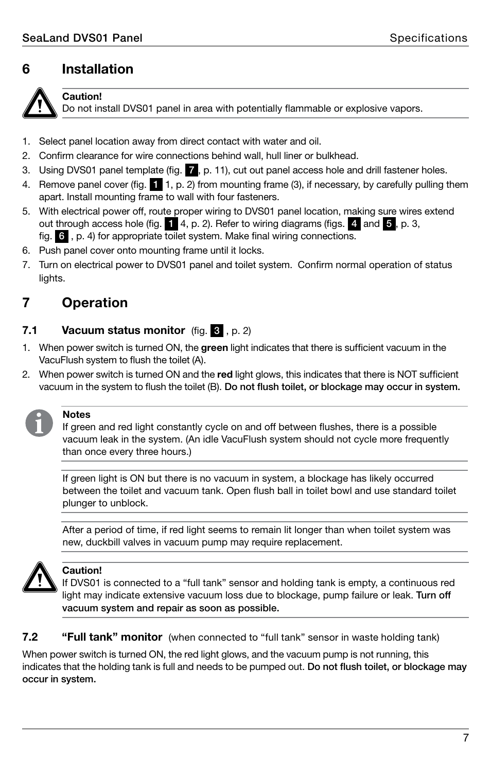 Installation, Operation, 6 installation | 7 operation | SeaLand DVS01 VacuFlush Status Panel User Manual | Page 7 / 12