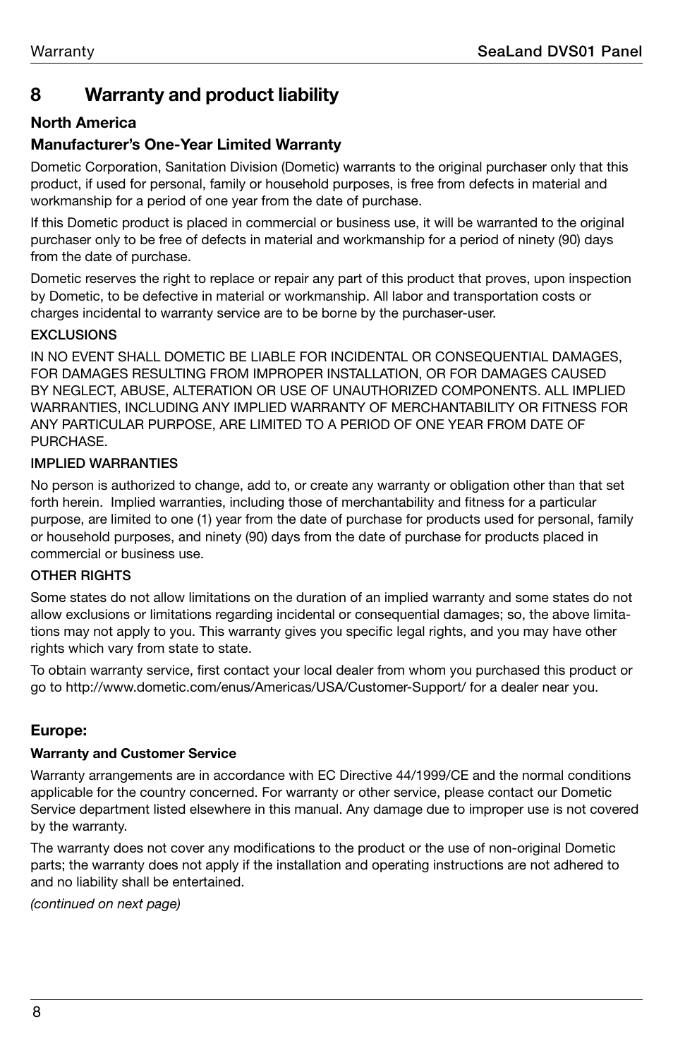 Warranty, 8warranty and product liability | SeaLand DVS01 VacuFlush Status Panel User Manual | Page 8 / 12