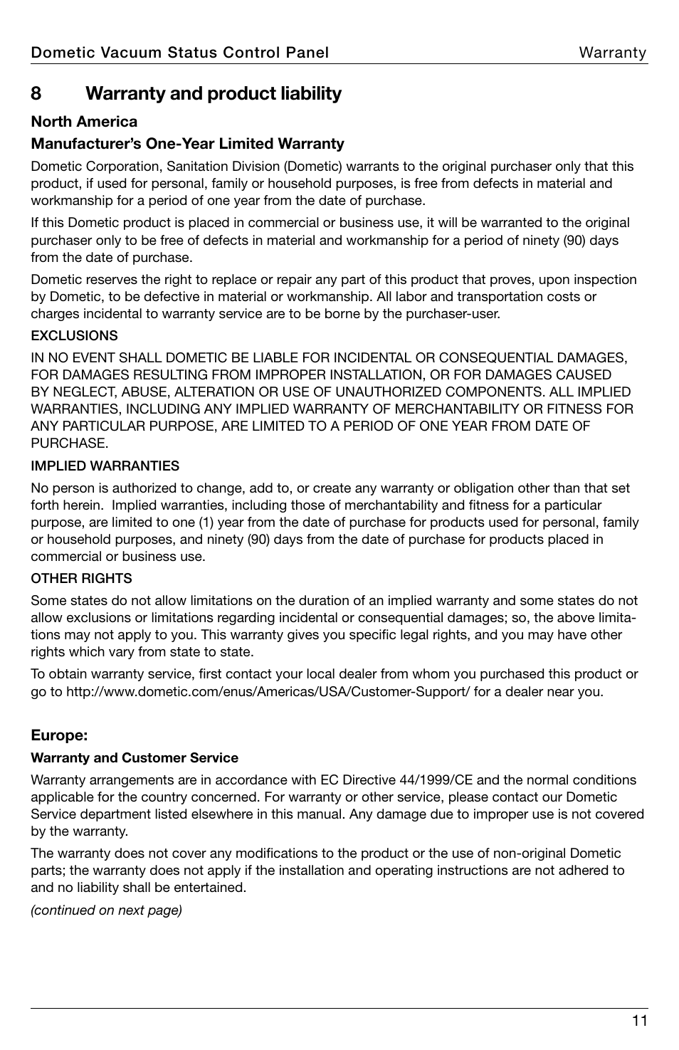 Warranty, 8warranty and product liability | SeaLand DVS02 Vacuum Status Control User Manual | Page 11 / 12