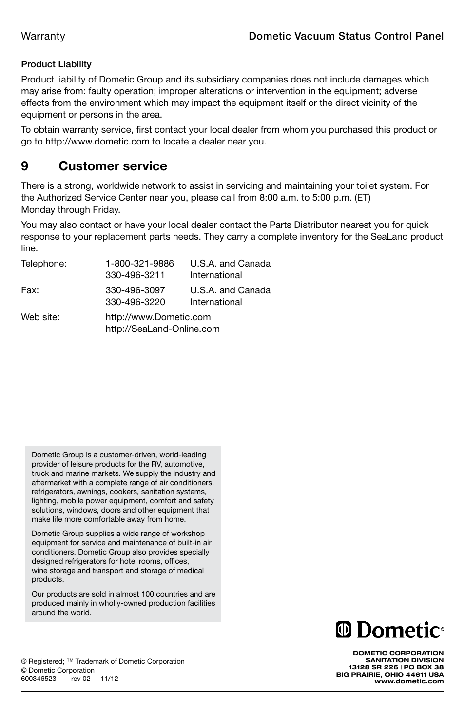 Customer service, 9customer service | SeaLand DVS02 Vacuum Status Control User Manual | Page 12 / 12