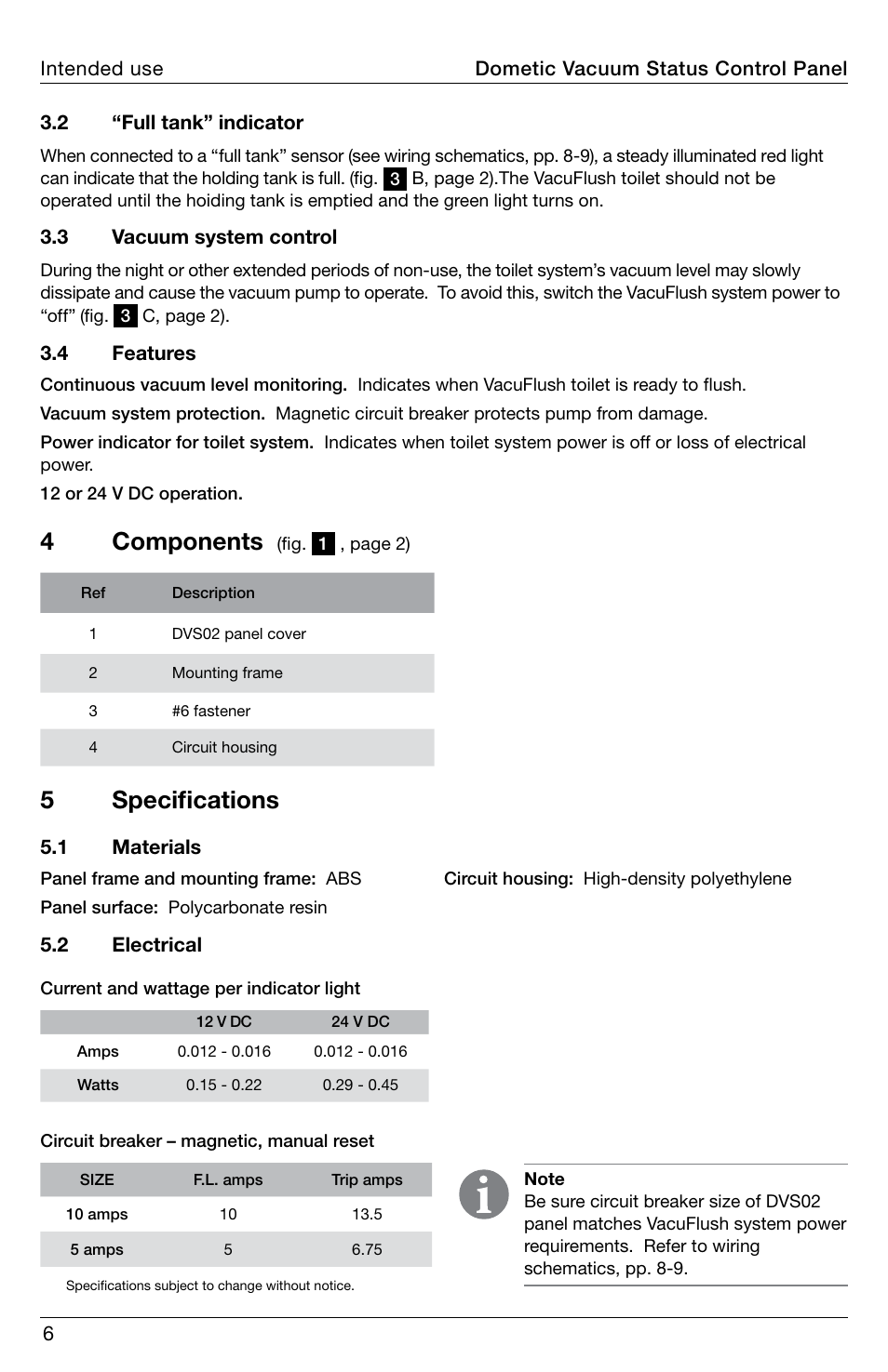 Components, Specifications, 4components | 5 specifications | SeaLand DVS02 Vacuum Status Control User Manual | Page 6 / 12