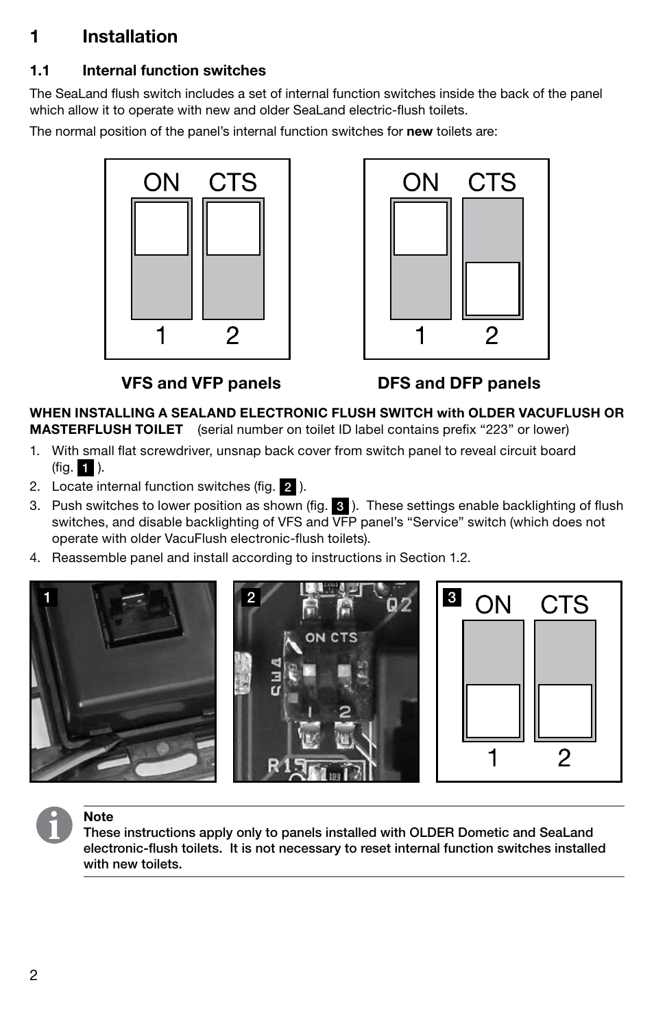 Installation, Internal function switches, 1 installation | Vfs and vfp panels dfs and dfp panels | SeaLand DFP flush switches User Manual | Page 2 / 8