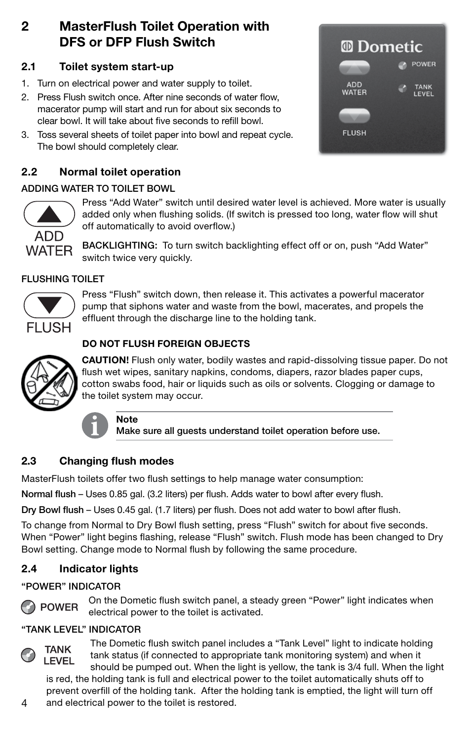 Masterflush toilet operation | SeaLand DFP flush switches User Manual | Page 4 / 8