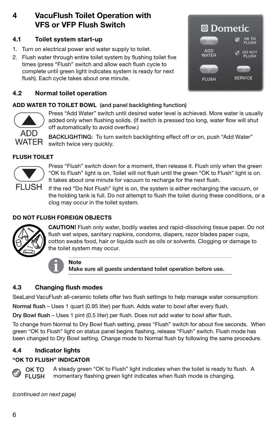Start-up, Operation, Changing flush modes | Indicator lights, Vacuflush toilet operation | SeaLand DFP flush switches User Manual | Page 6 / 8