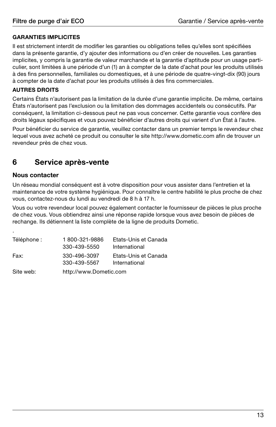 Service après-vente, 6service après-vente | SeaLand ECO vent filter User Manual | Page 13 / 16