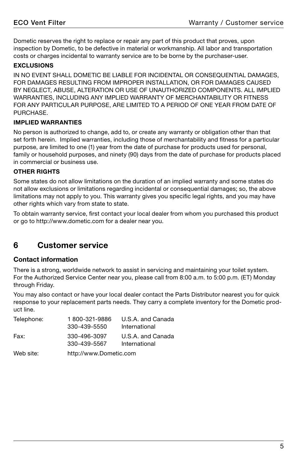 Customer service, 6customer service | SeaLand ECO vent filter User Manual | Page 5 / 16
