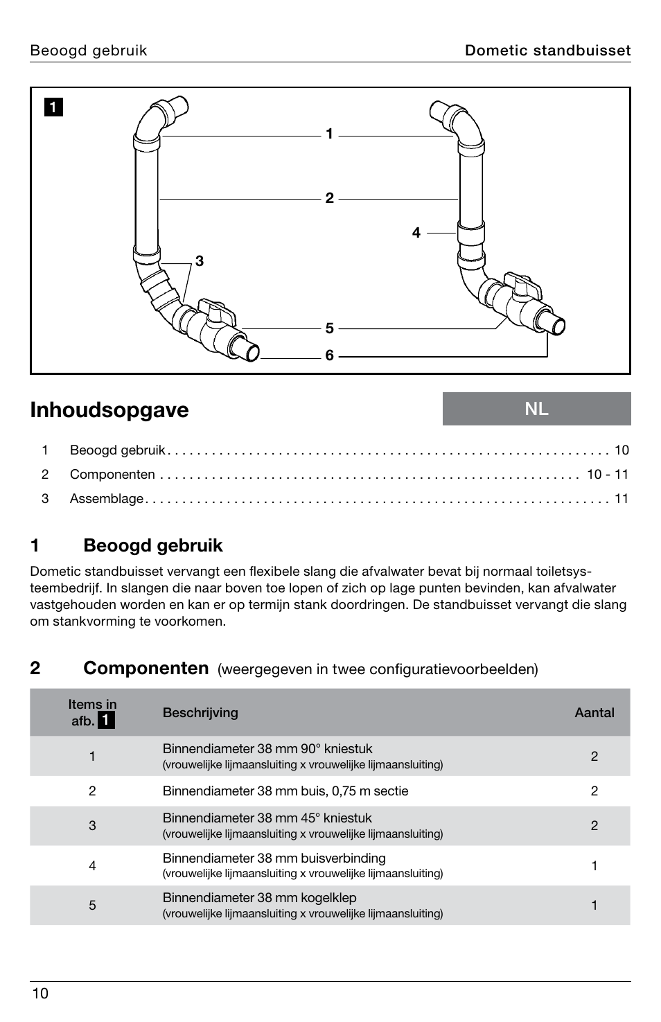 Inhoudsopgave, 1beoogd gebruik, 2componenten | SeaLand Standpipe Kit User Manual | Page 10 / 24