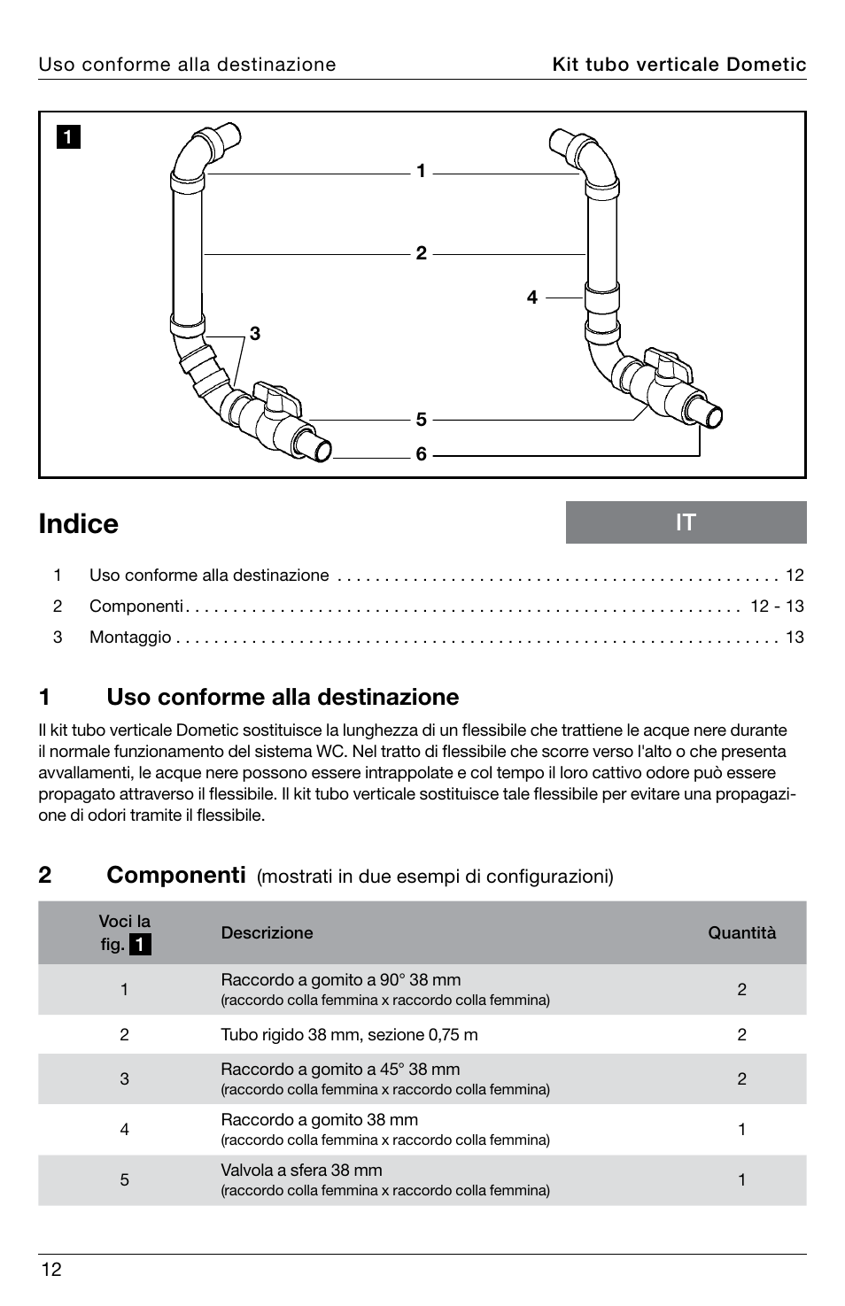 Indice, 1uso conforme alla destinazione, 2componenti | SeaLand Standpipe Kit User Manual | Page 12 / 24