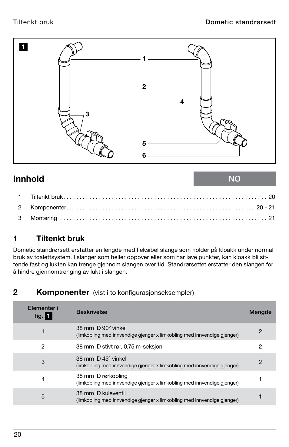 Innhold, 1tiltenkt bruk, 2komponenter | SeaLand Standpipe Kit User Manual | Page 20 / 24