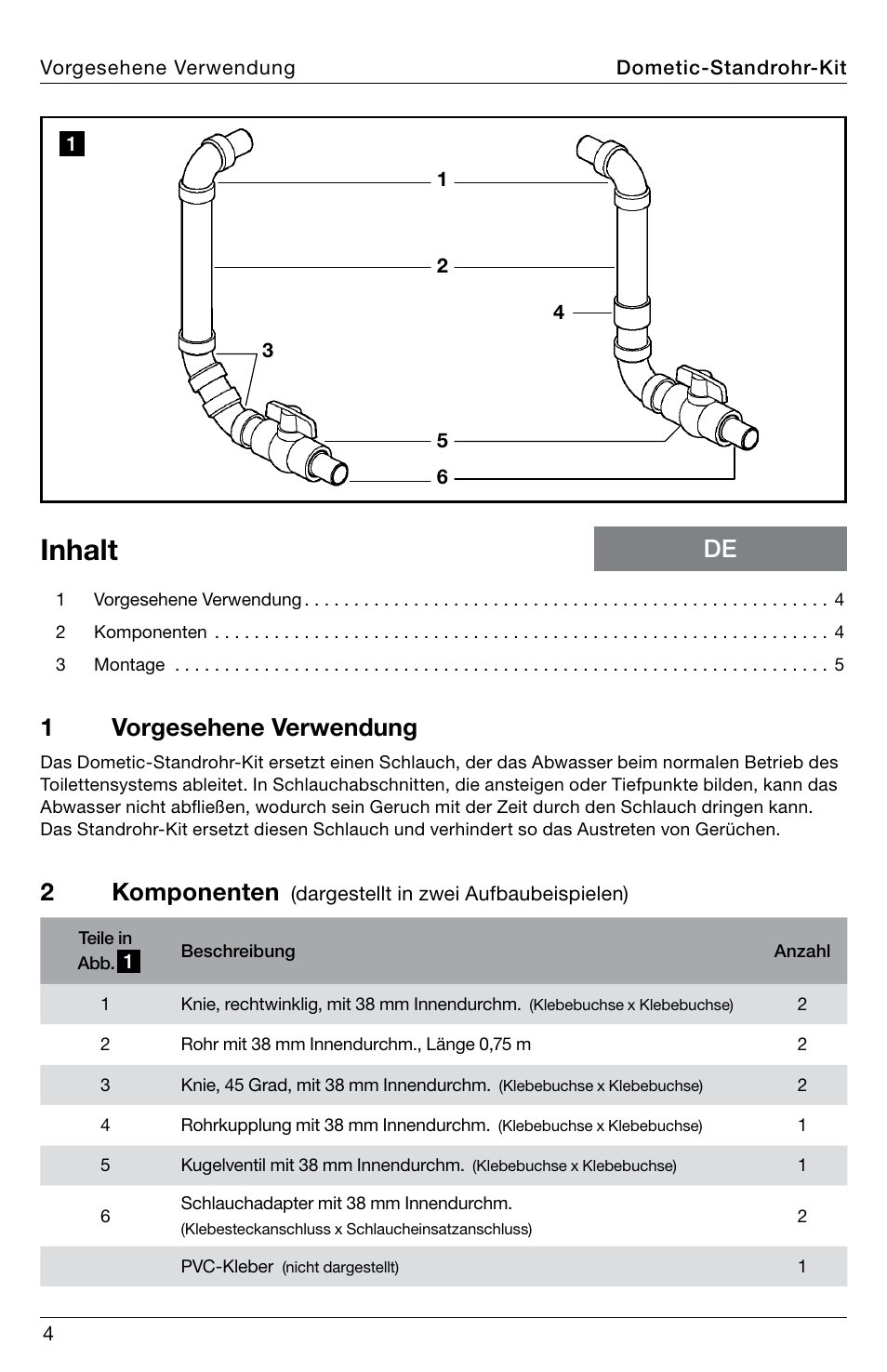Inhalt, 1vorgesehene verwendung, 2komponenten | SeaLand Standpipe Kit User Manual | Page 4 / 24