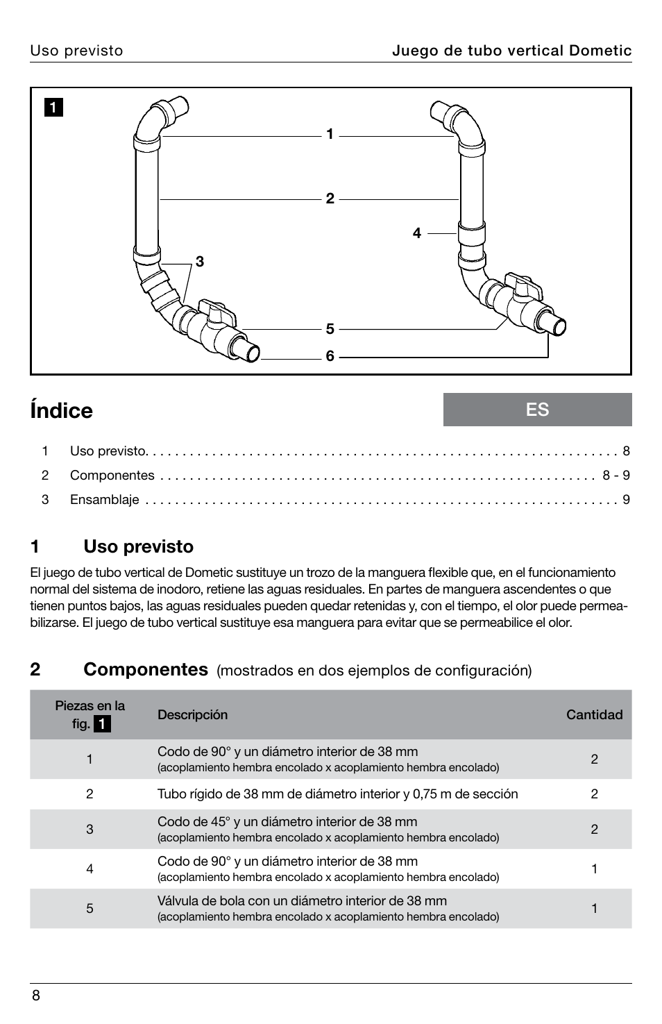 Índice, 1uso previsto, 2componentes | SeaLand Standpipe Kit User Manual | Page 8 / 24
