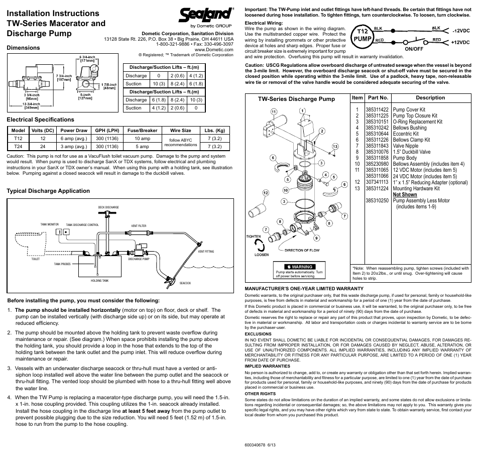 SeaLand TW Discharge Pump User Manual | 3 pages