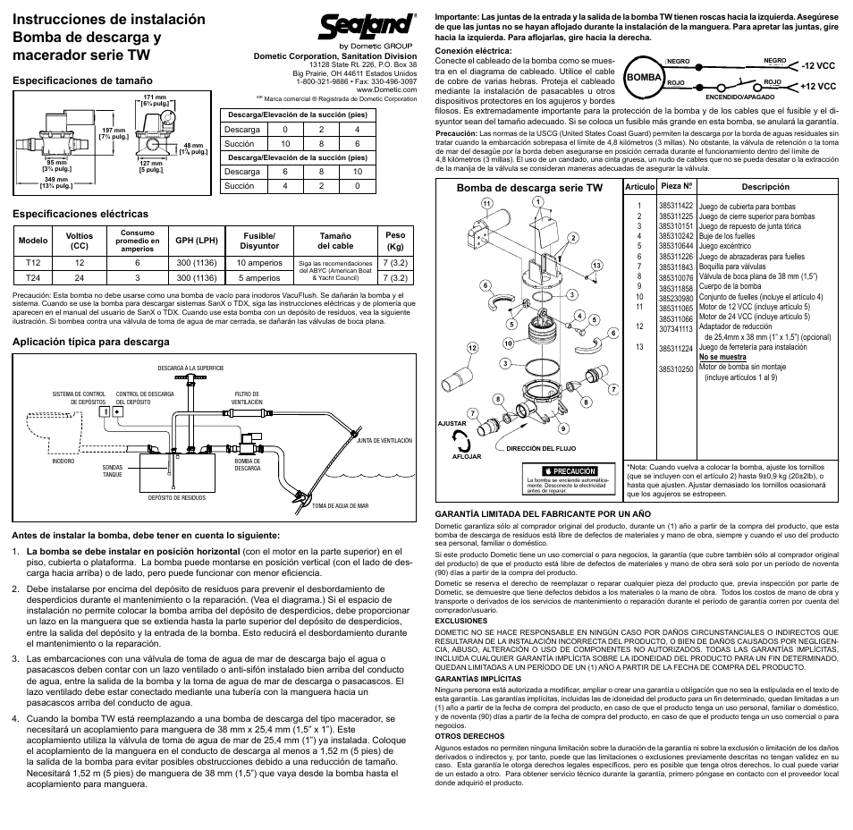 Instrucciones de instalación | SeaLand TW Discharge Pump User Manual | Page 2 / 3