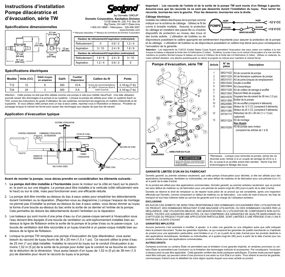 Instructions d’installation | SeaLand TW Discharge Pump User Manual | Page 3 / 3