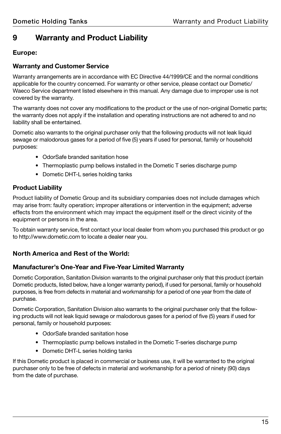 9warranty and product liability | SeaLand DHT-L Series Holding Tank User Manual | Page 15 / 92