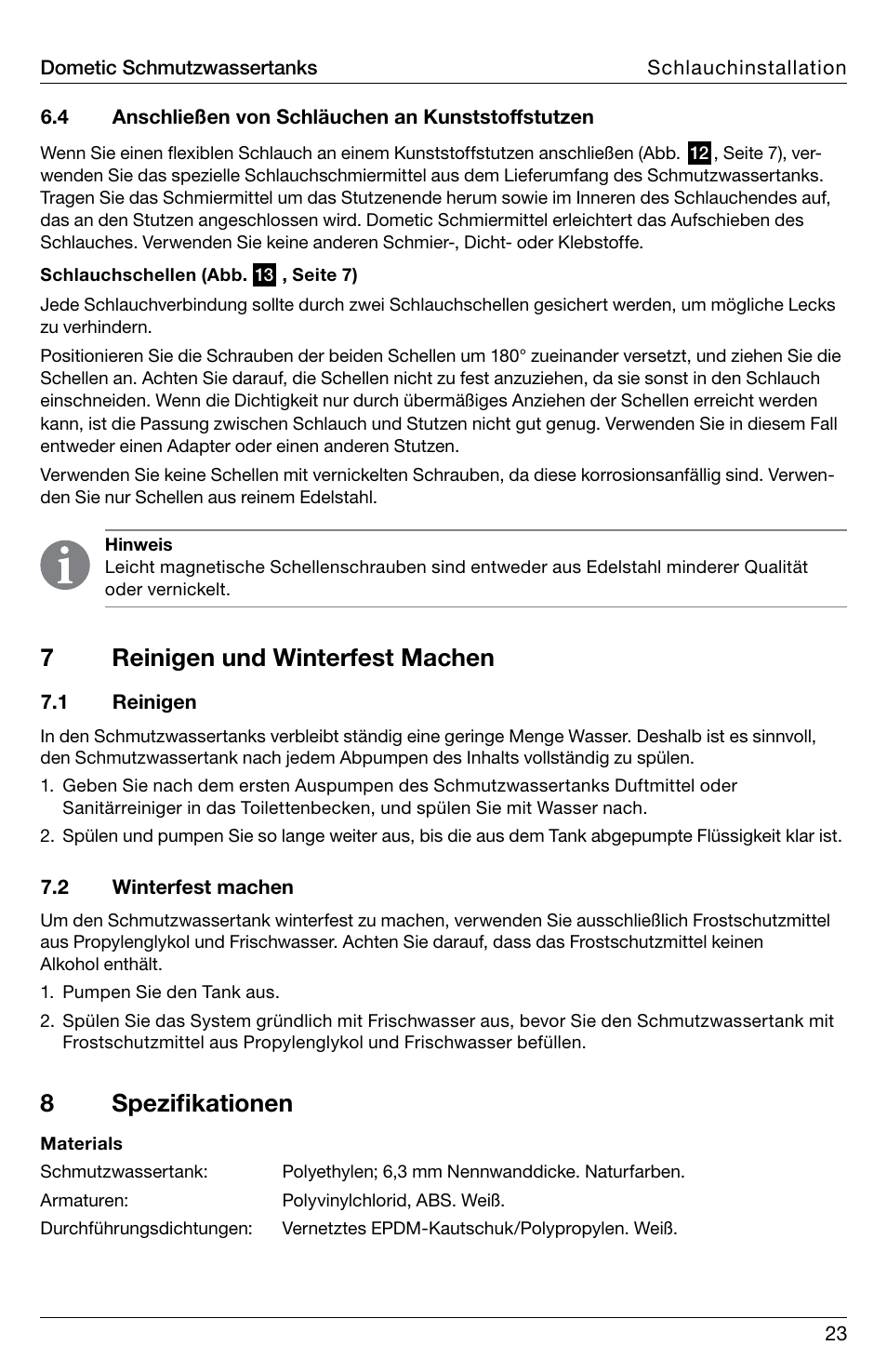 7reinigen und winterfest machen 8 spezifikationen | SeaLand DHT-L Series Holding Tank User Manual | Page 23 / 92