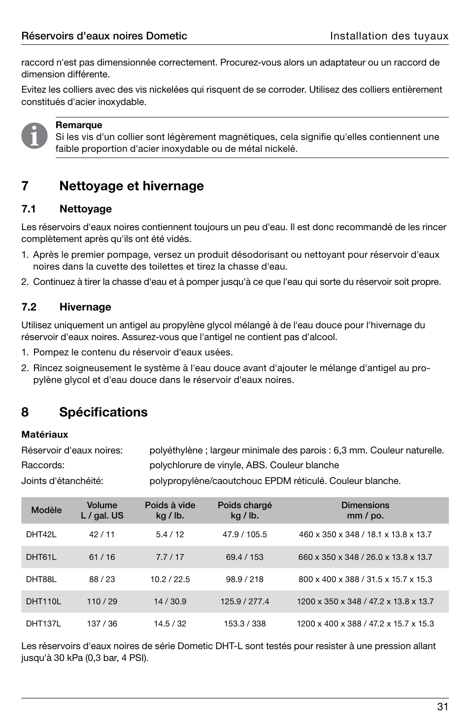 7nettoyage et hivernage 8 spécifications | SeaLand DHT-L Series Holding Tank User Manual | Page 31 / 92