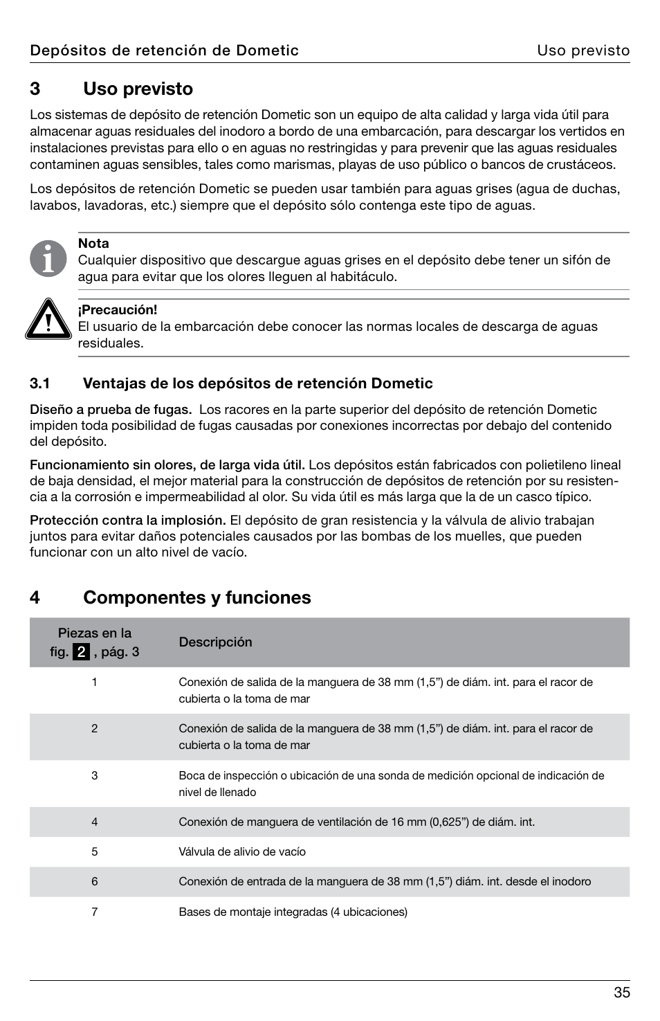 3uso previsto, 4componentes y funciones | SeaLand DHT-L Series Holding Tank User Manual | Page 35 / 92
