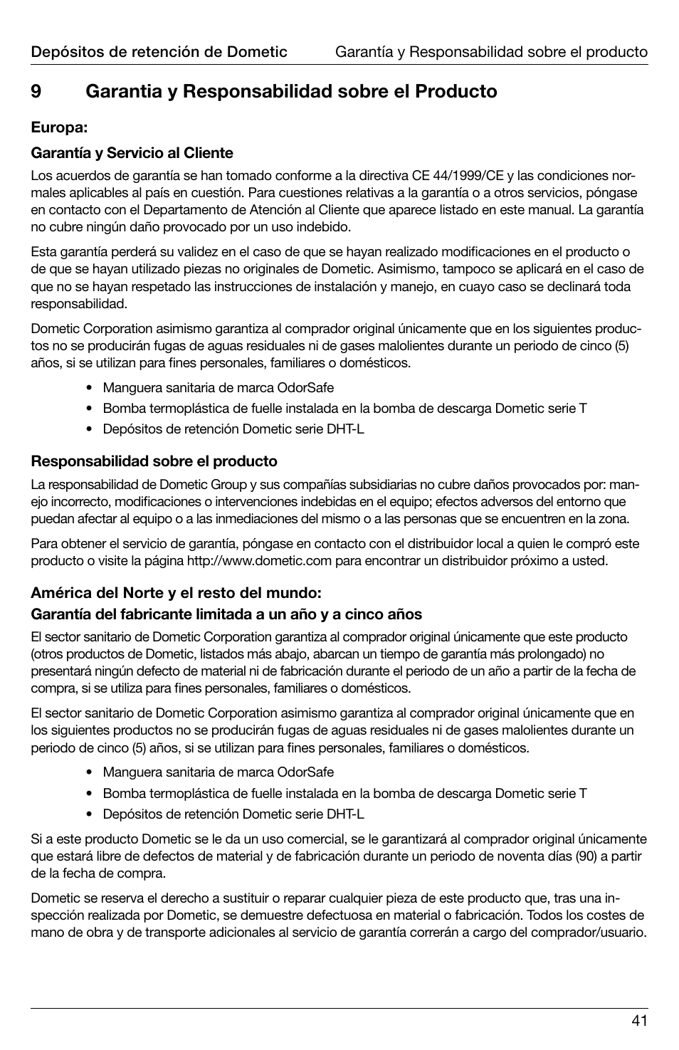 9garantia y responsabilidad sobre el producto | SeaLand DHT-L Series Holding Tank User Manual | Page 41 / 92
