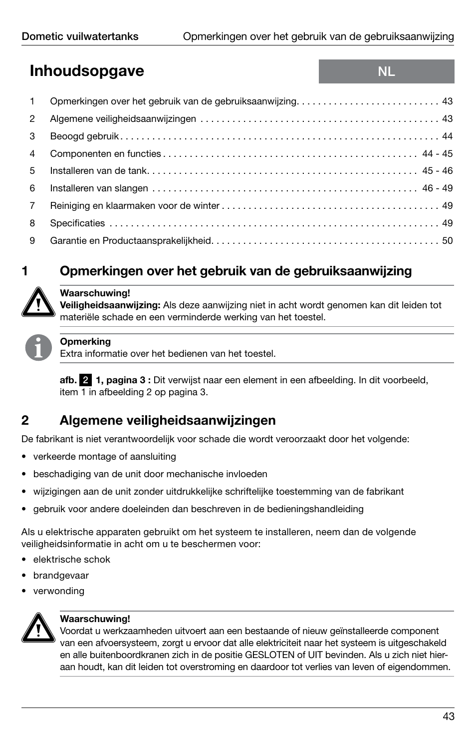 Inhoudsopgave, 2algemene veiligheidsaanwijzingen | SeaLand DHT-L Series Holding Tank User Manual | Page 43 / 92