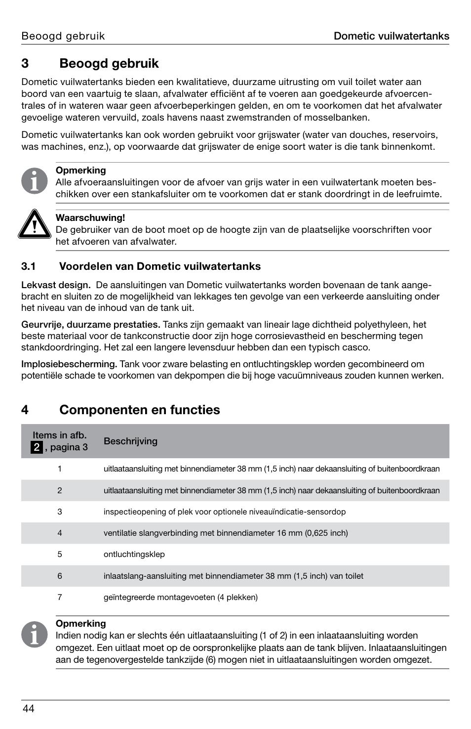 3beoogd gebruik, 4componenten en functies | SeaLand DHT-L Series Holding Tank User Manual | Page 44 / 92