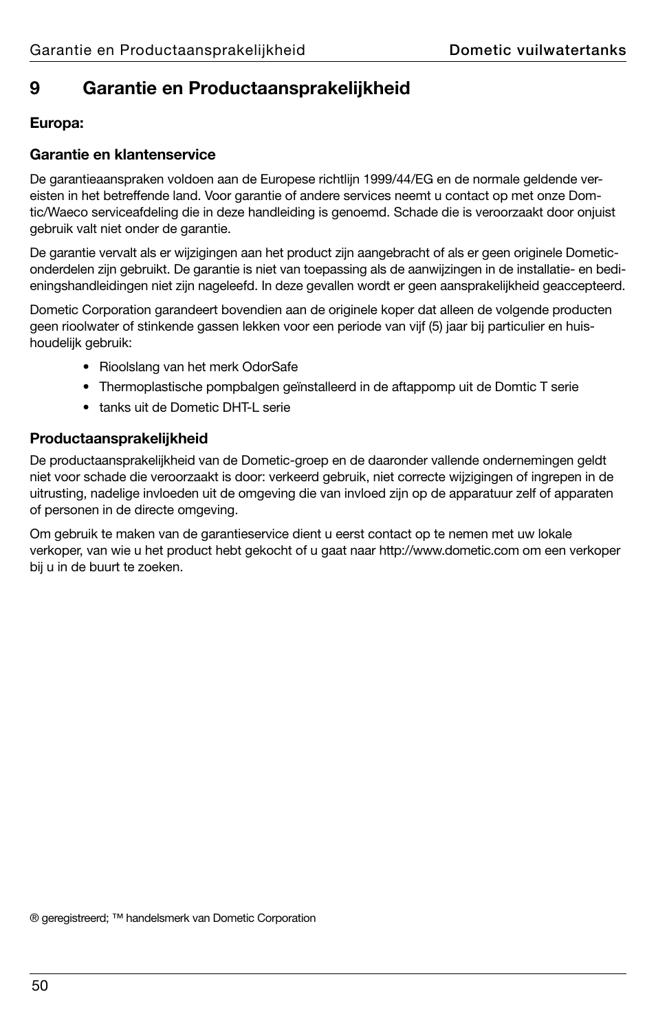 9garantie en productaansprakelijkheid | SeaLand DHT-L Series Holding Tank User Manual | Page 50 / 92