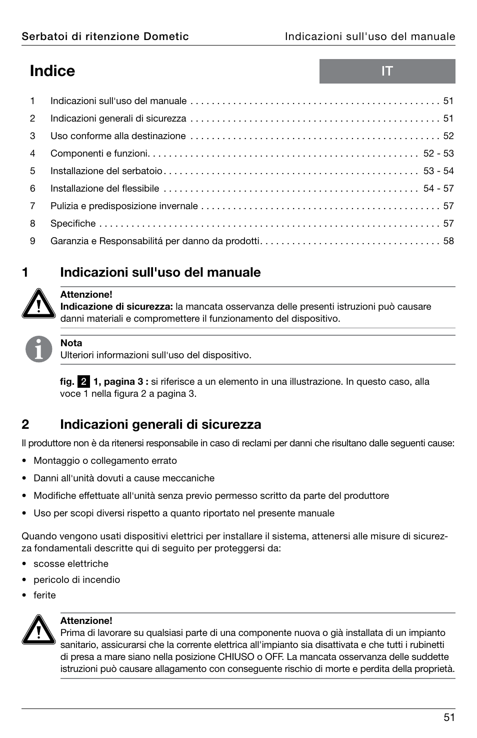 Indice, 1indicazioni sull'uso del manuale, 2indicazioni generali di sicurezza | SeaLand DHT-L Series Holding Tank User Manual | Page 51 / 92