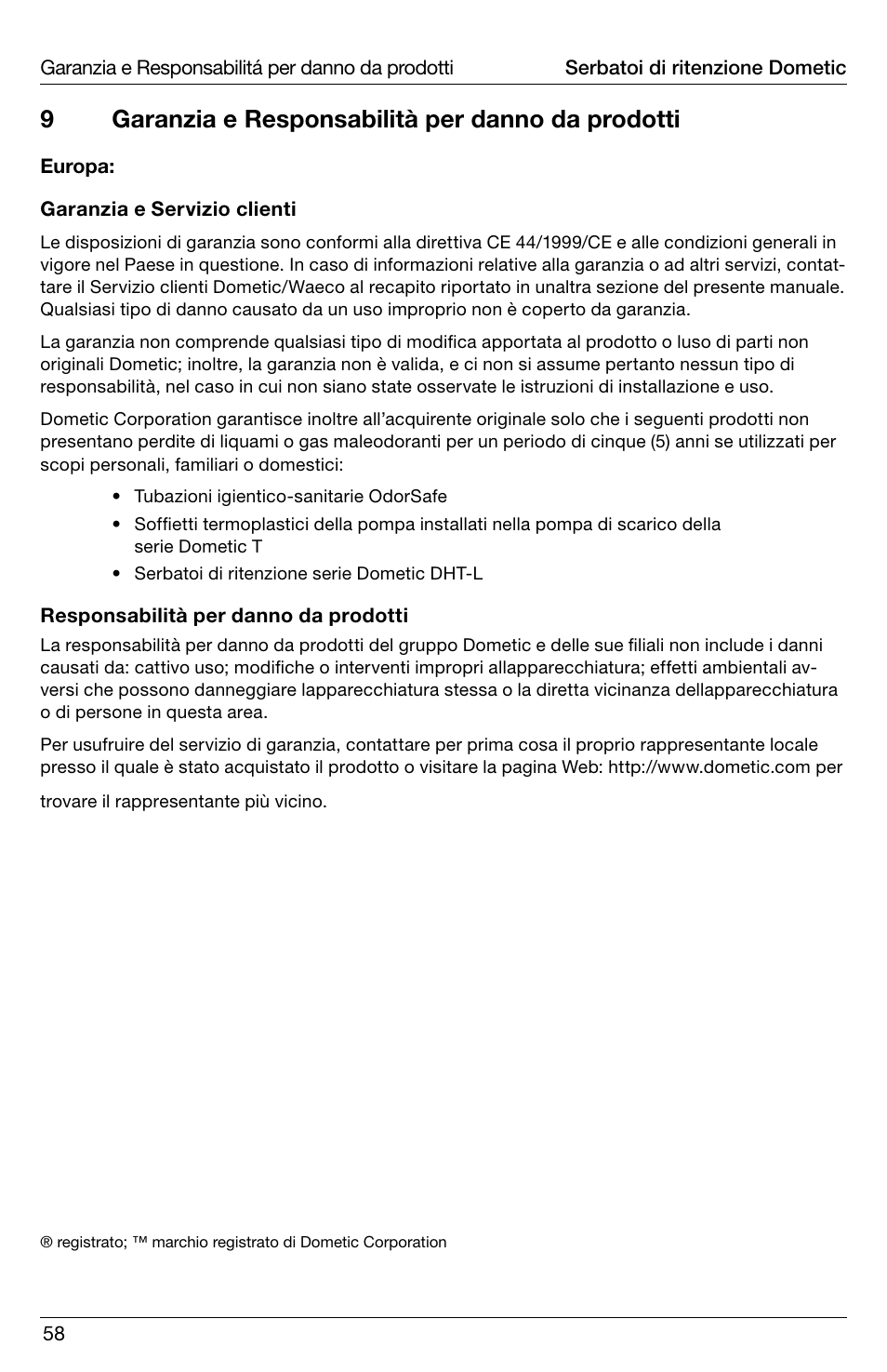 9garanzia e responsabilità per danno da prodotti | SeaLand DHT-L Series Holding Tank User Manual | Page 58 / 92