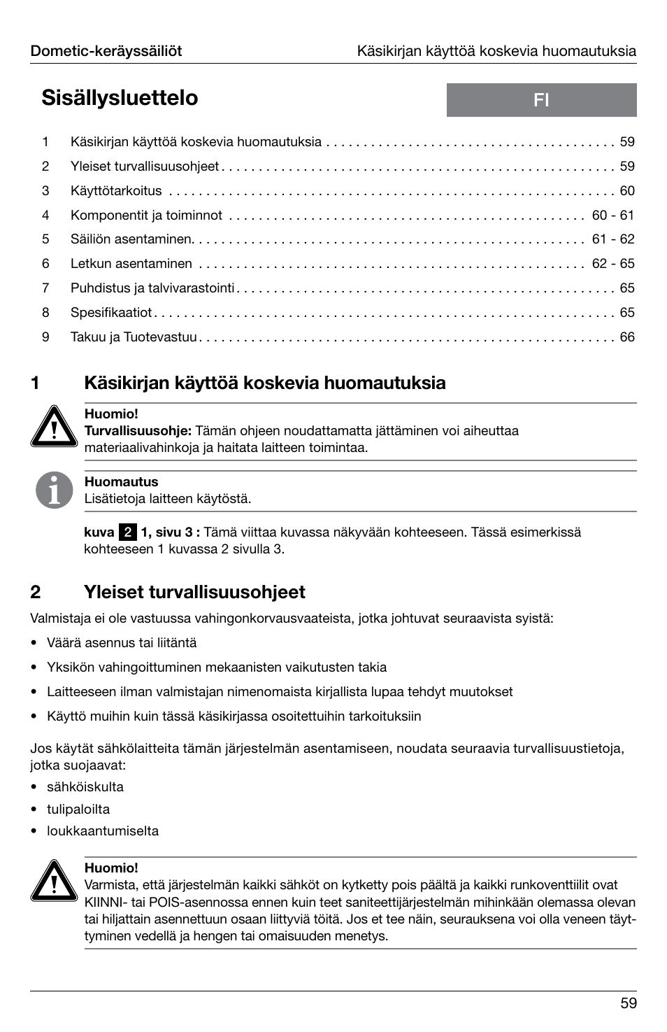 Sisällysluettelo, 1käsikirjan käyttöä koskevia huomautuksia, 2yleiset turvallisuusohjeet | SeaLand DHT-L Series Holding Tank User Manual | Page 59 / 92