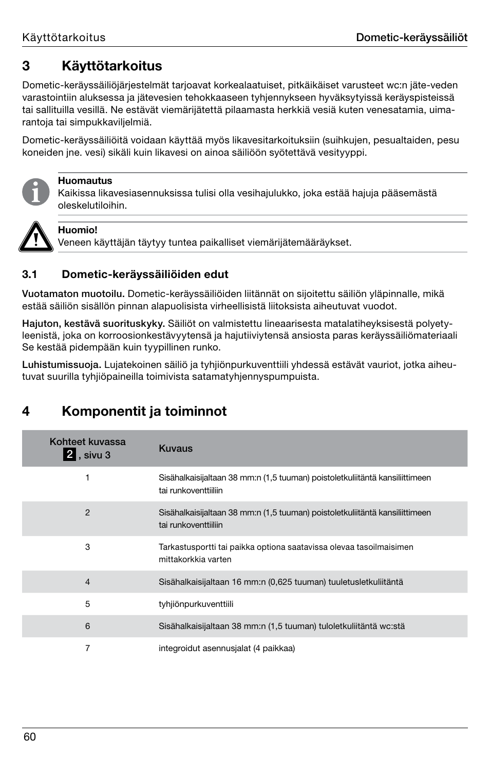 3 käyttötarkoitus, 4komponentit ja toiminnot | SeaLand DHT-L Series Holding Tank User Manual | Page 60 / 92