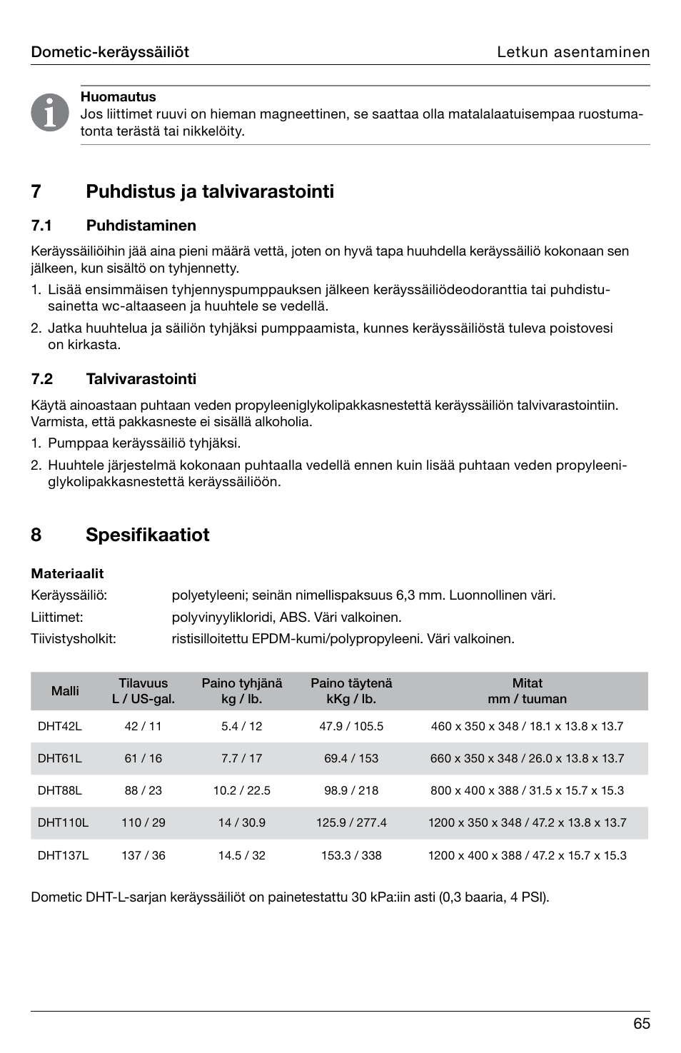 7puhdistus ja talvivarastointi 8 spesifikaatiot | SeaLand DHT-L Series Holding Tank User Manual | Page 65 / 92